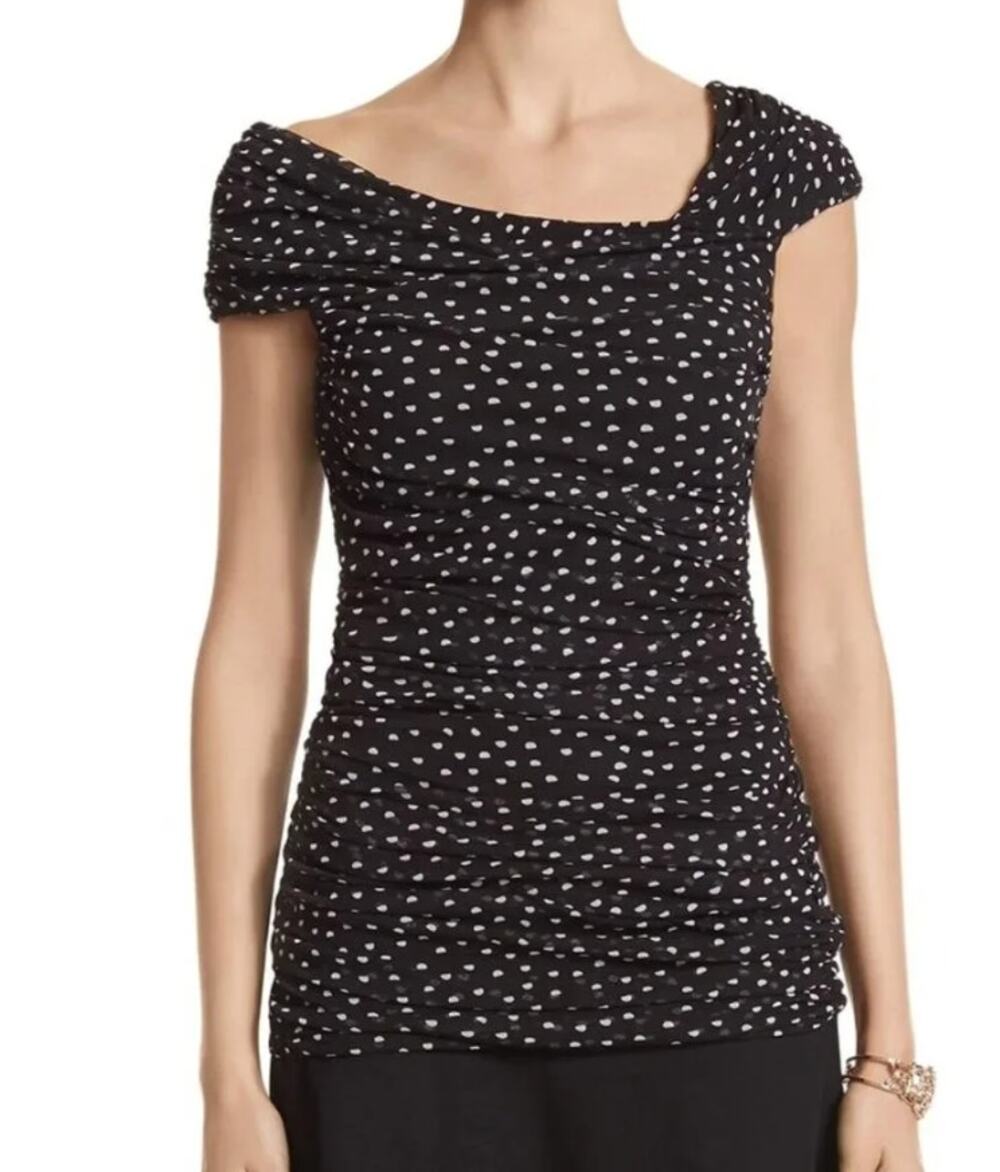 WHBM Black Polka Dot Asymmetric Gathered Sheer Sleeveless Blouse Medium
